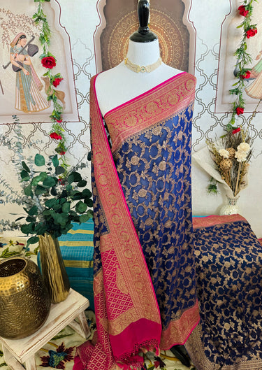 Handwoven Chiffon Saree | Royal Blue & Magenta | Gold Zari | Ships from California